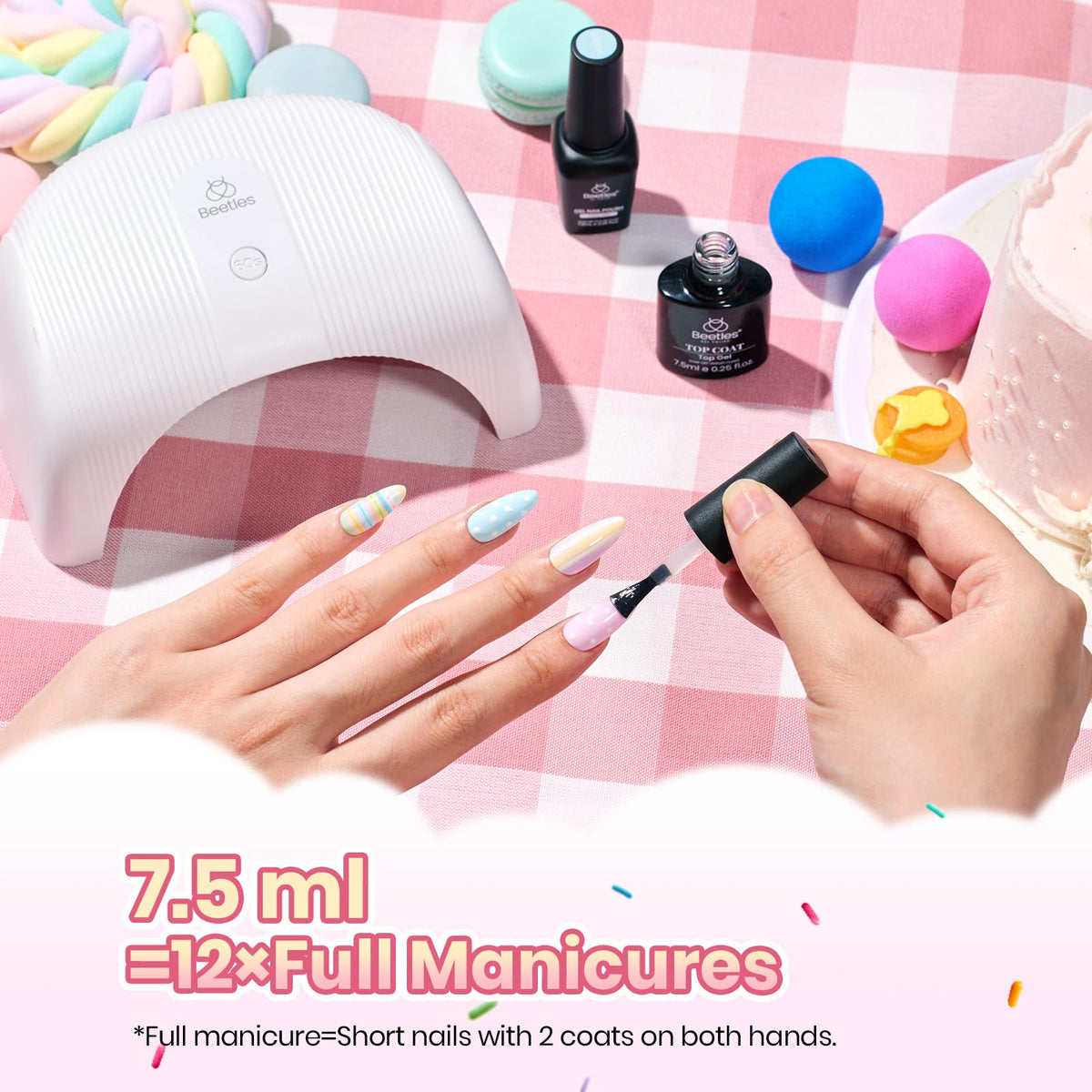 beetles gel polish manicure lifestyle hand holding macaron showcasing trendy summer look