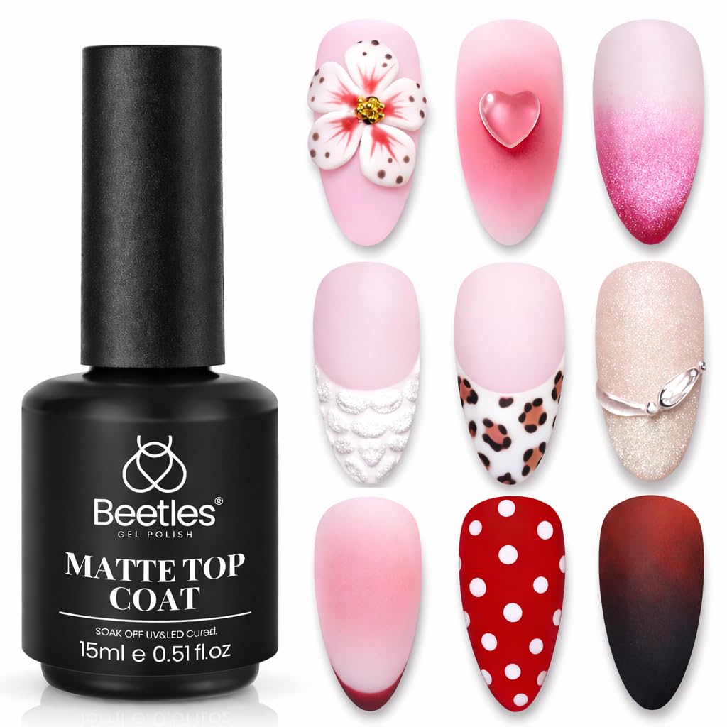 Beetles matte gel top coat front bottle shows brand and matte finish protection