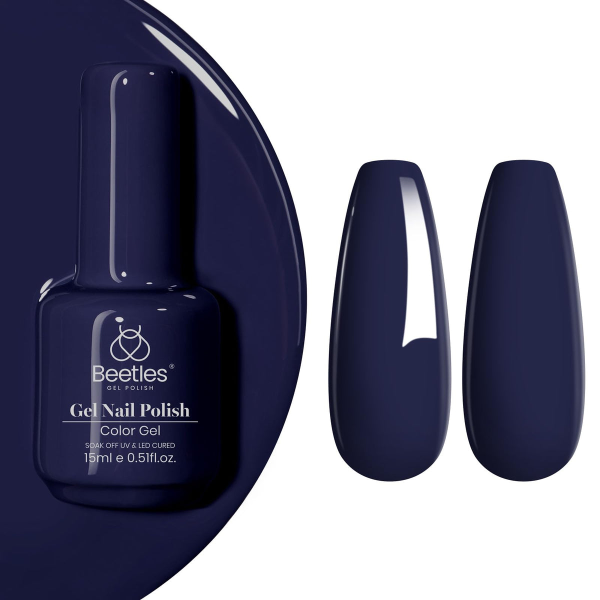 Beetles Gel Polish front bottle showing midnight navy color and clear branding for confident application