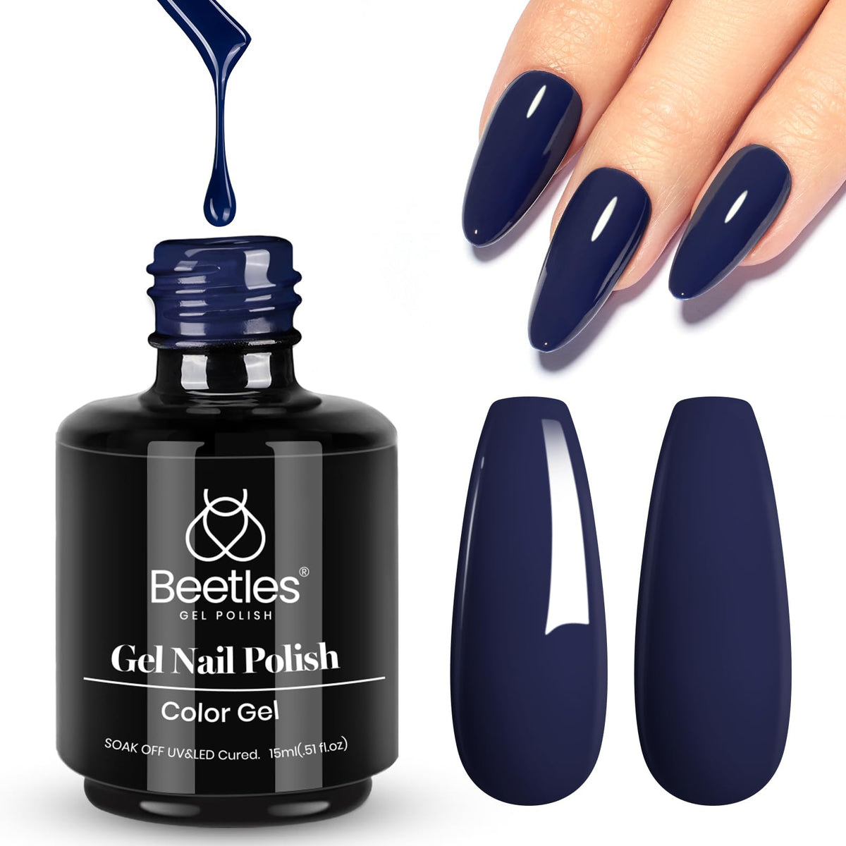 Beetles Gel Polish evening outfit lifestyle shot pairing navy nails with formal wear for polished look