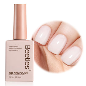 Beetles bottle front view showing milky white jelly polish and sleek packaging benefit: easy identification