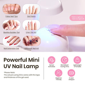 beetles Gel Polish mini UV lamp curing a finished extension quickly