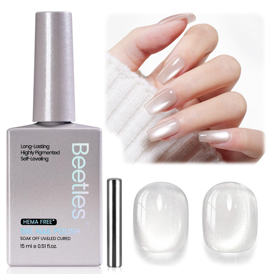 beetles Gel Polish front bottle showing clear silver cat-eye finish and portability