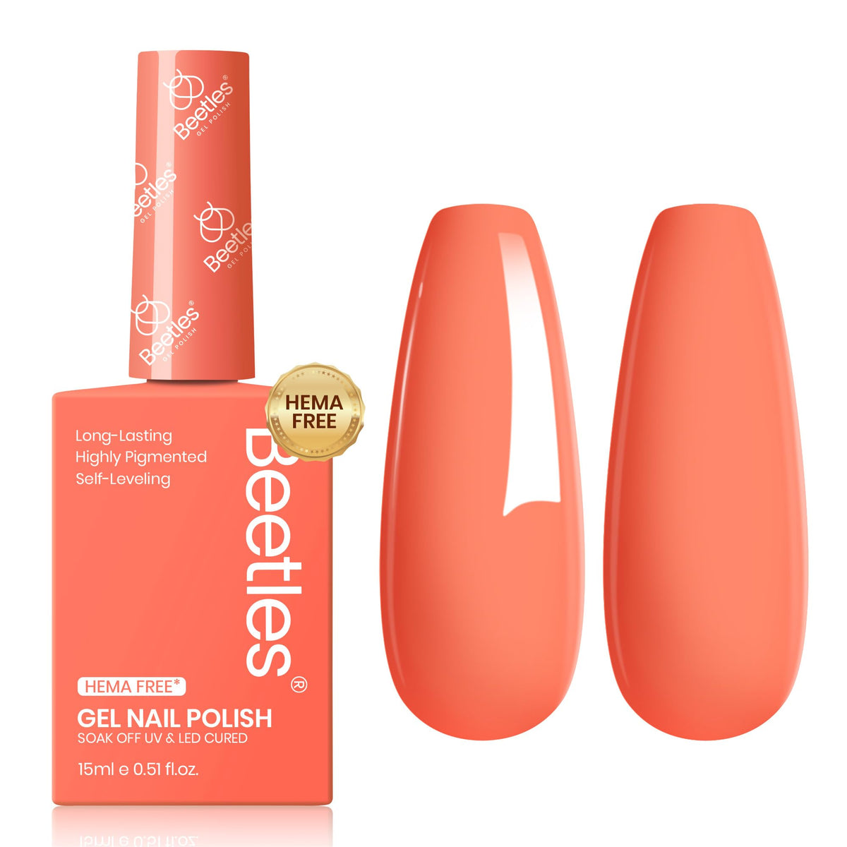 Beetles Na5672 front bottle showing coral orange color for easy selection