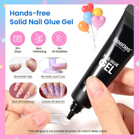 Beetles nail glue tube image emphasizing secure bonding for long wear