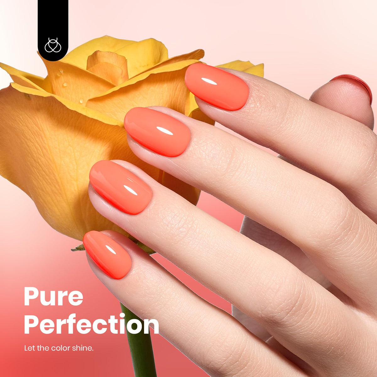 beetles manicure on hand demonstrating vibrant coral-orange result
