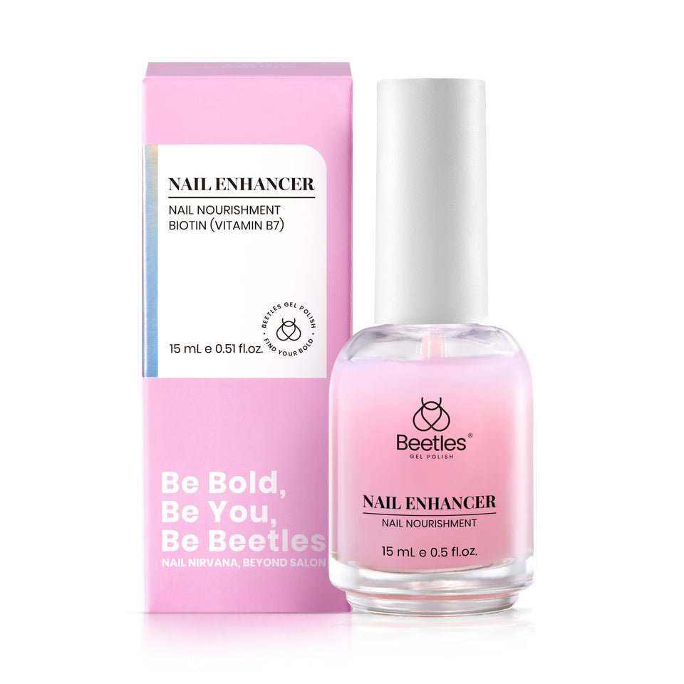 Beetles nail strengthener front bottle showing compact 15ml size and natural finish benefit