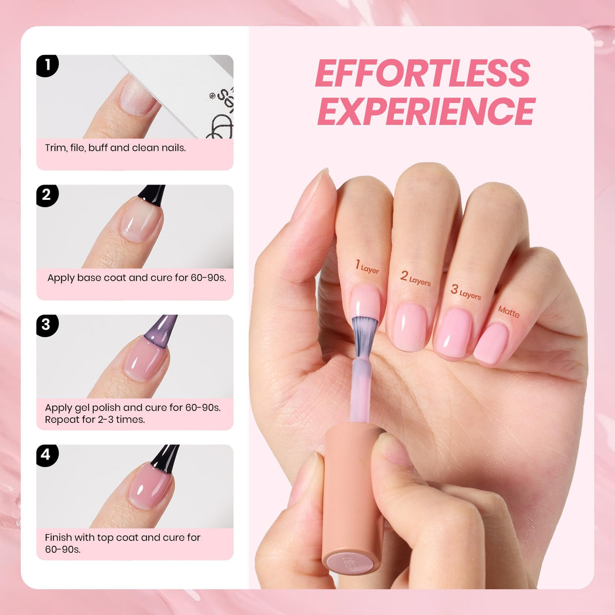 beetles nail swatch fan with milky pinks illustrating layering options
