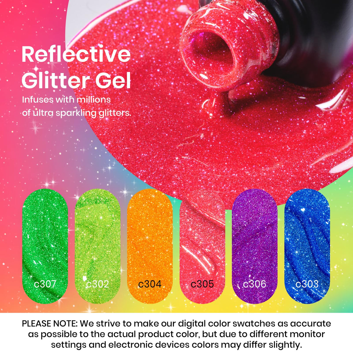 beetles nail swatch on hand model showing cured neon green and pink sparkle for wearable glam
