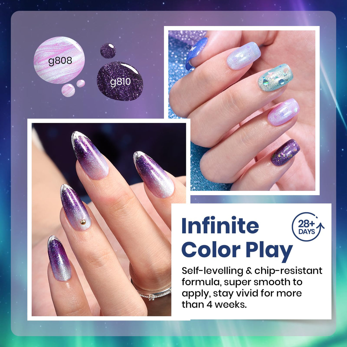 Beetles nail swatch on hand model showing chameleon shimmer and wearable finish benefit