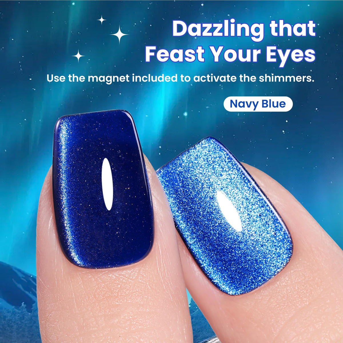beetles hand model wearing navy cat eye showing scale and polish effect