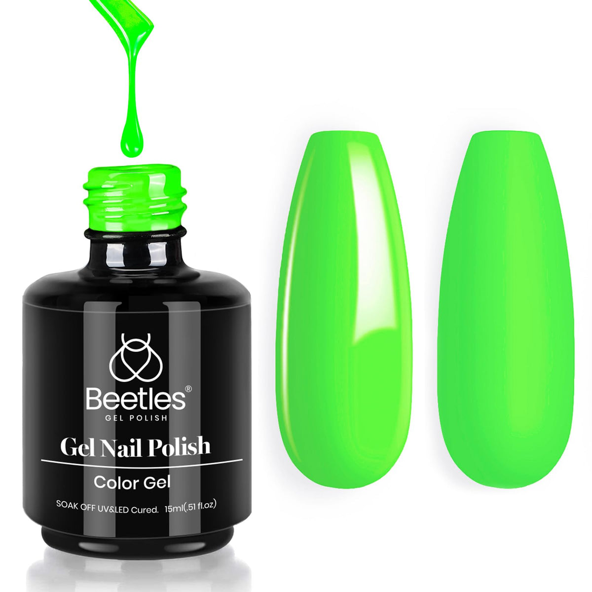 Beetles bottle front view showing neon lime color and 15ml size benefit