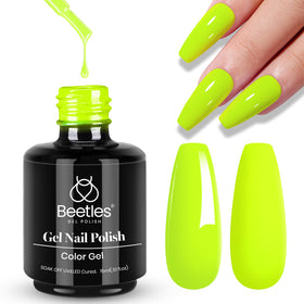 Beetles bottle front view showing vivid neon green color and size benefit