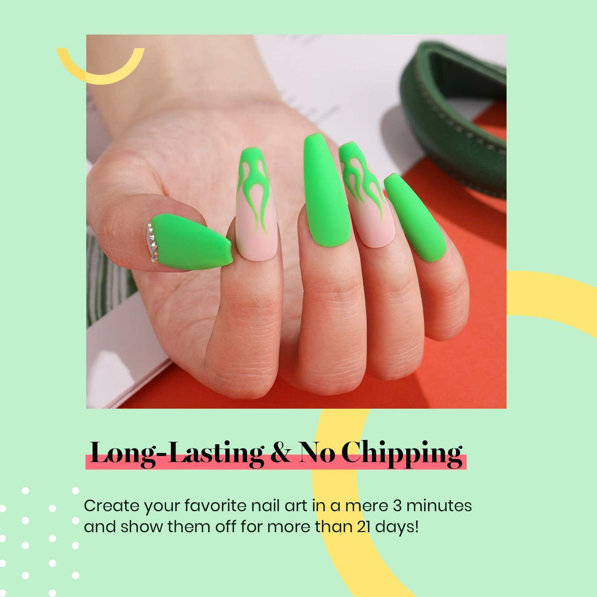 Beetles nail swatch set illustrating vibrant neon green finish and variety