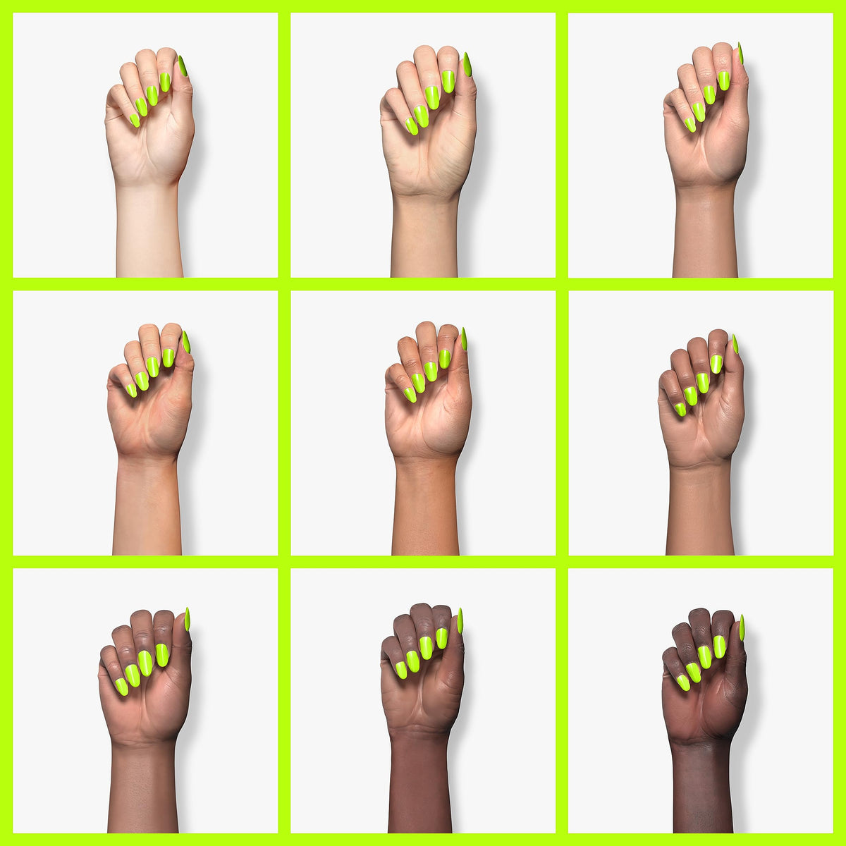 Beetles swatched on fingers showcasing bright lime finish and salon look