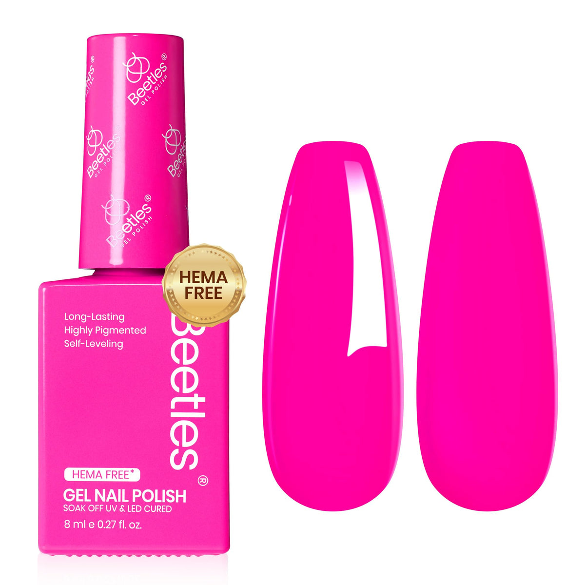 Beetles Neon Whispers front bottle showing bright hot-pink color and compact size