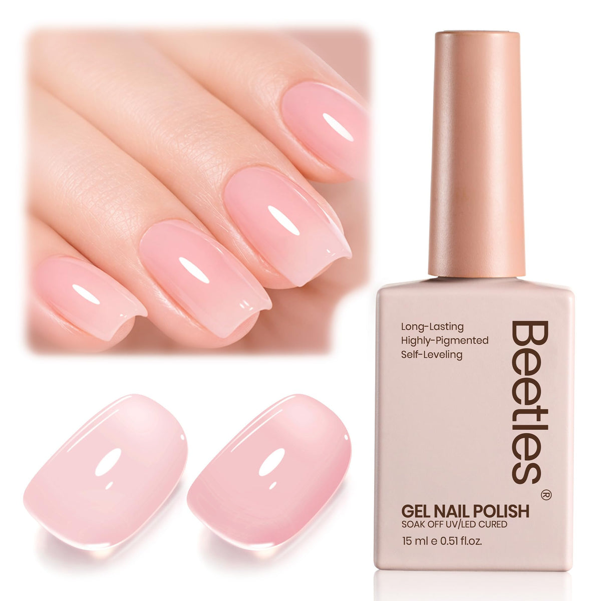 beetles bottle front view showing nude pink shade and compact 15ml size benefit