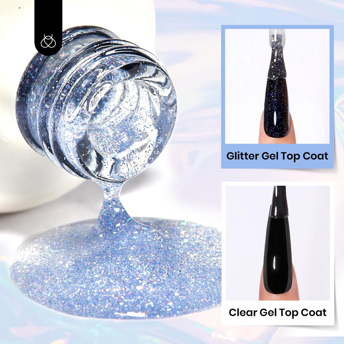 beetles nail swatch with reflective silver sparkle showcasing high-shine result