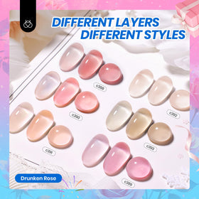 Beetles open bottles arranged to display six translucent nude jelly shades for easy selection