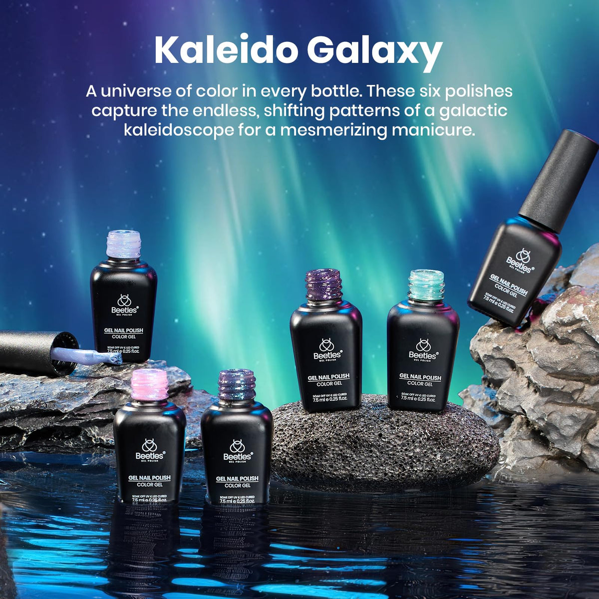 Beetles open bottles arrayed to show the six kaleido galaxy shades for easy shade comparison