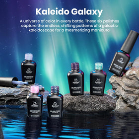Beetles open bottles arrayed to show the six kaleido galaxy shades for easy shade comparison