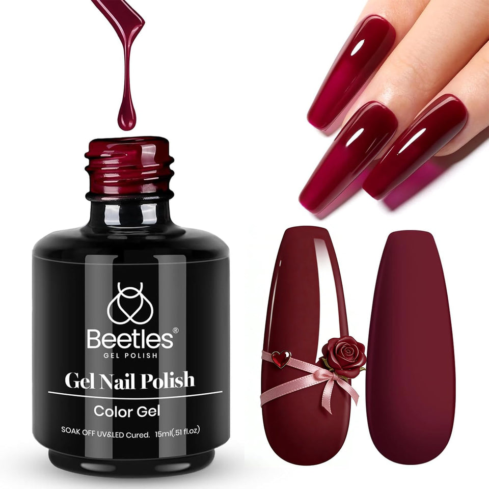 Beetles bottle front view showing oxblood red color and compact 15ml size benefit