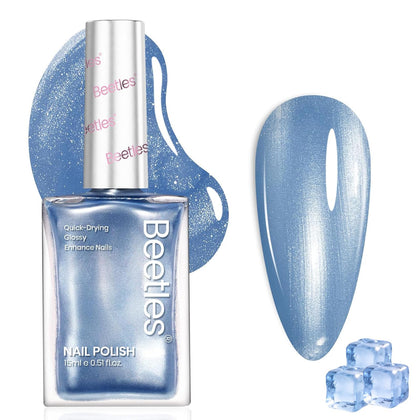 Beetles bottle front view showing pearlescent blue finish and elegant label