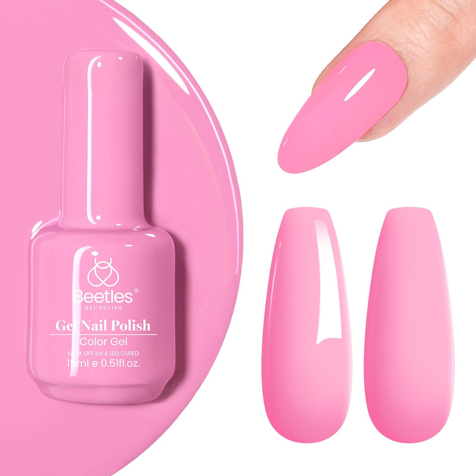 beetles bottle front view showing pink gel polish and 15ml size benefit long-lasting color