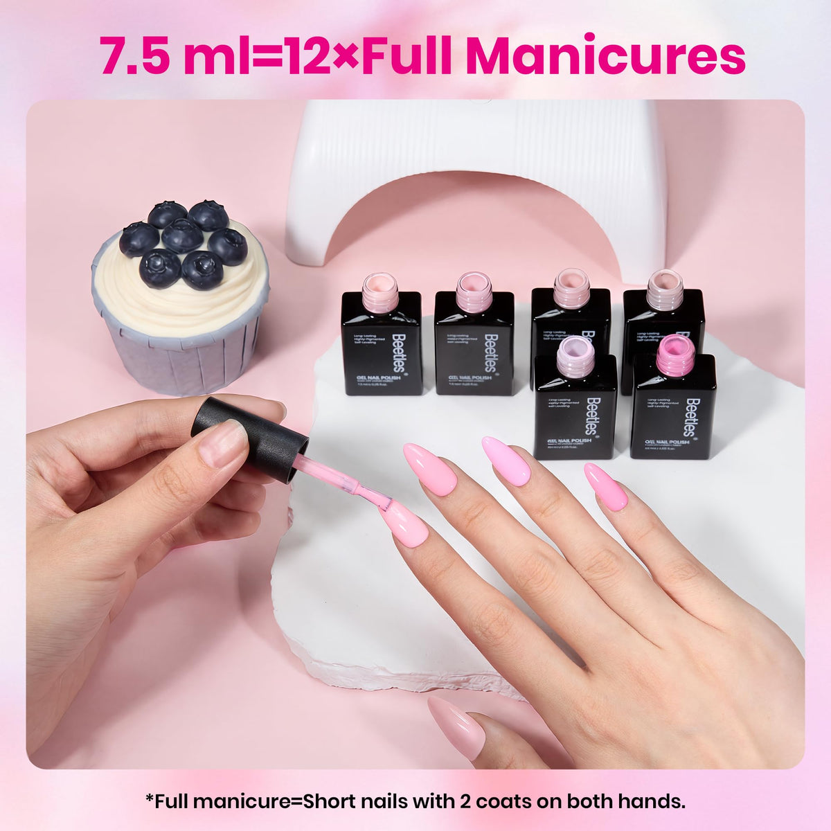 Beetles Gel Polish size scale with hand holding 7.5ml bottle to show portable bottle benefit
