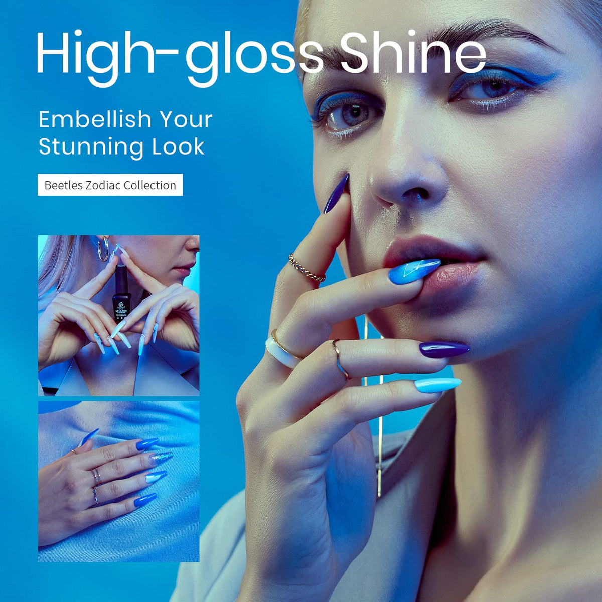 Beetles polish on nails showing cured manicure under lamp, demonstrates high-gloss result
