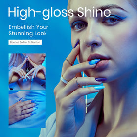 Beetles polish on nails showing cured manicure under lamp, demonstrates high-gloss result