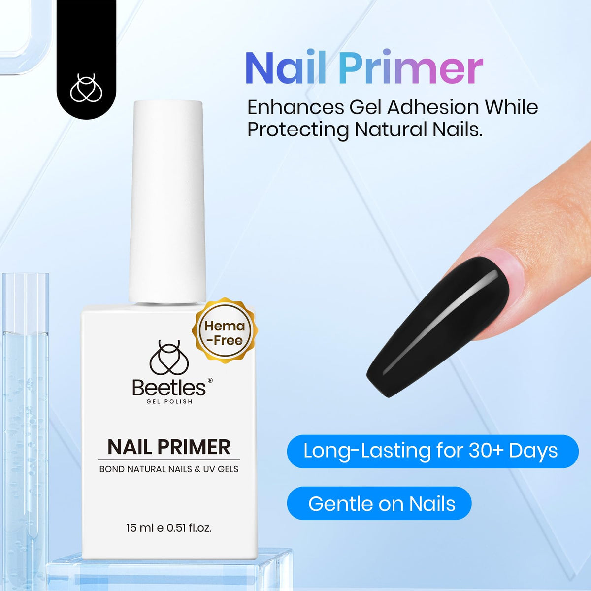 Beetles Gel Polish primer bottle close-up highlighting brush and nozzle for accurate, mess-free nail prepping