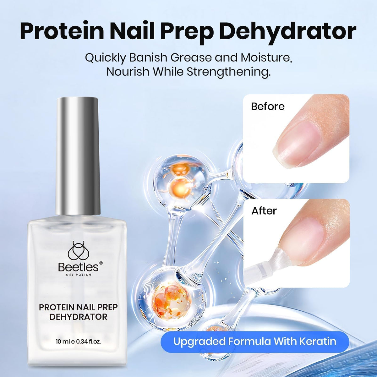 Beetles product components arranged to highlight three-step dehydrator, primer, and top solution