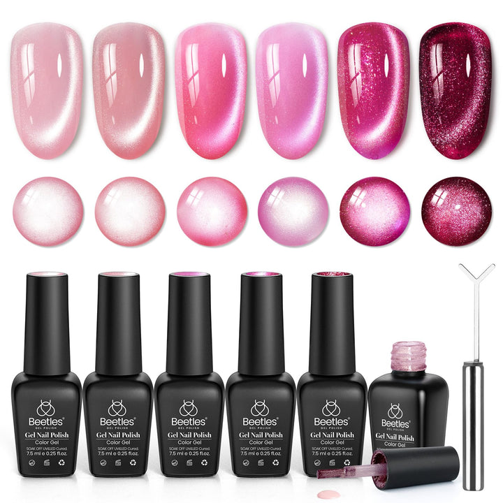 beetles front packaging showing six pink cat-eye gel bottles and magnet, clear kit display