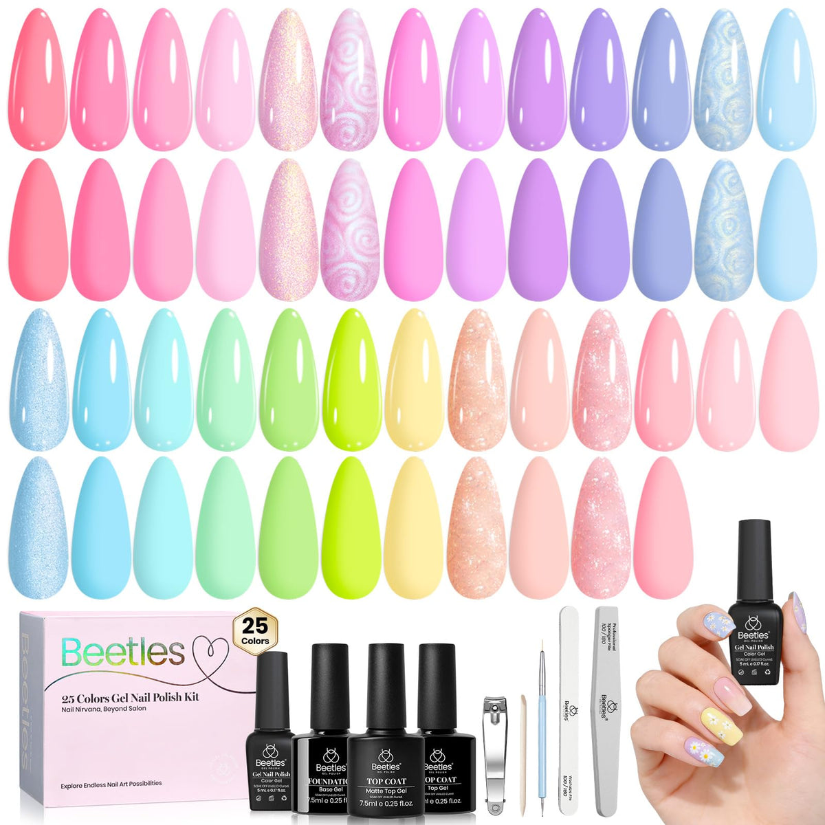 beetles front packaging showing 25 pastel gel bottles and tools benefits complete kit