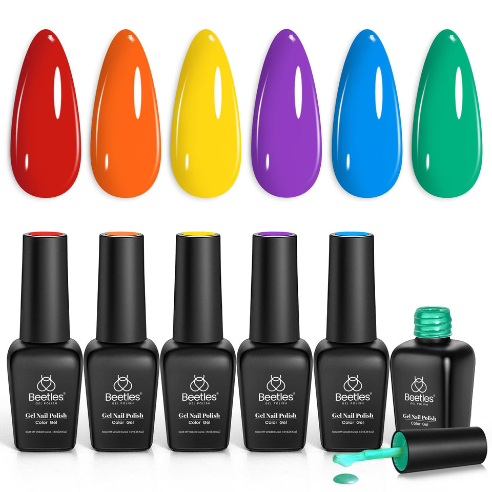 beetles front packaging showing six neon bottles and rainbow display for vibrant manicures