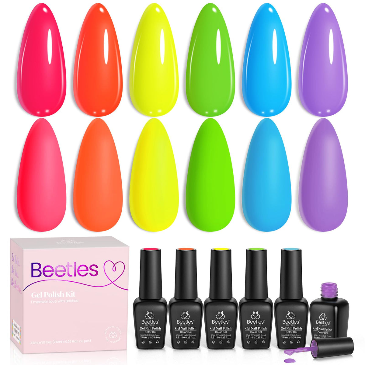 beetles front packaging showing six neon gel bottles and colors