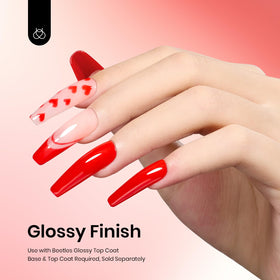 Beetles brand brush stroke of scarlet gel showing smooth application and high pigmentation