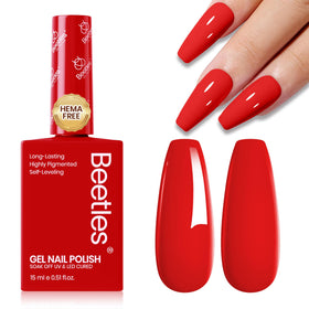 Beetles red gel polish front bottle showing red shade and sleek label benefit: quick shade ID