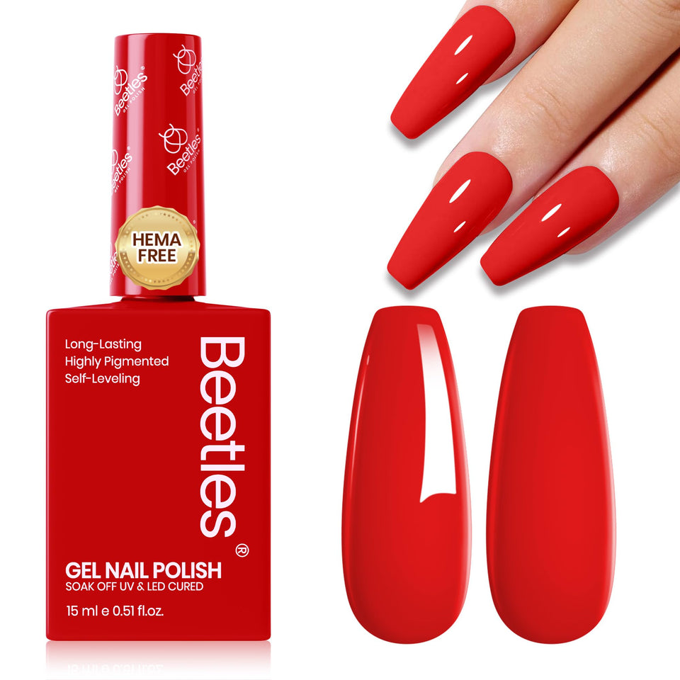 Beetles red gel polish front bottle showing red shade and sleek label benefit: quick shade ID