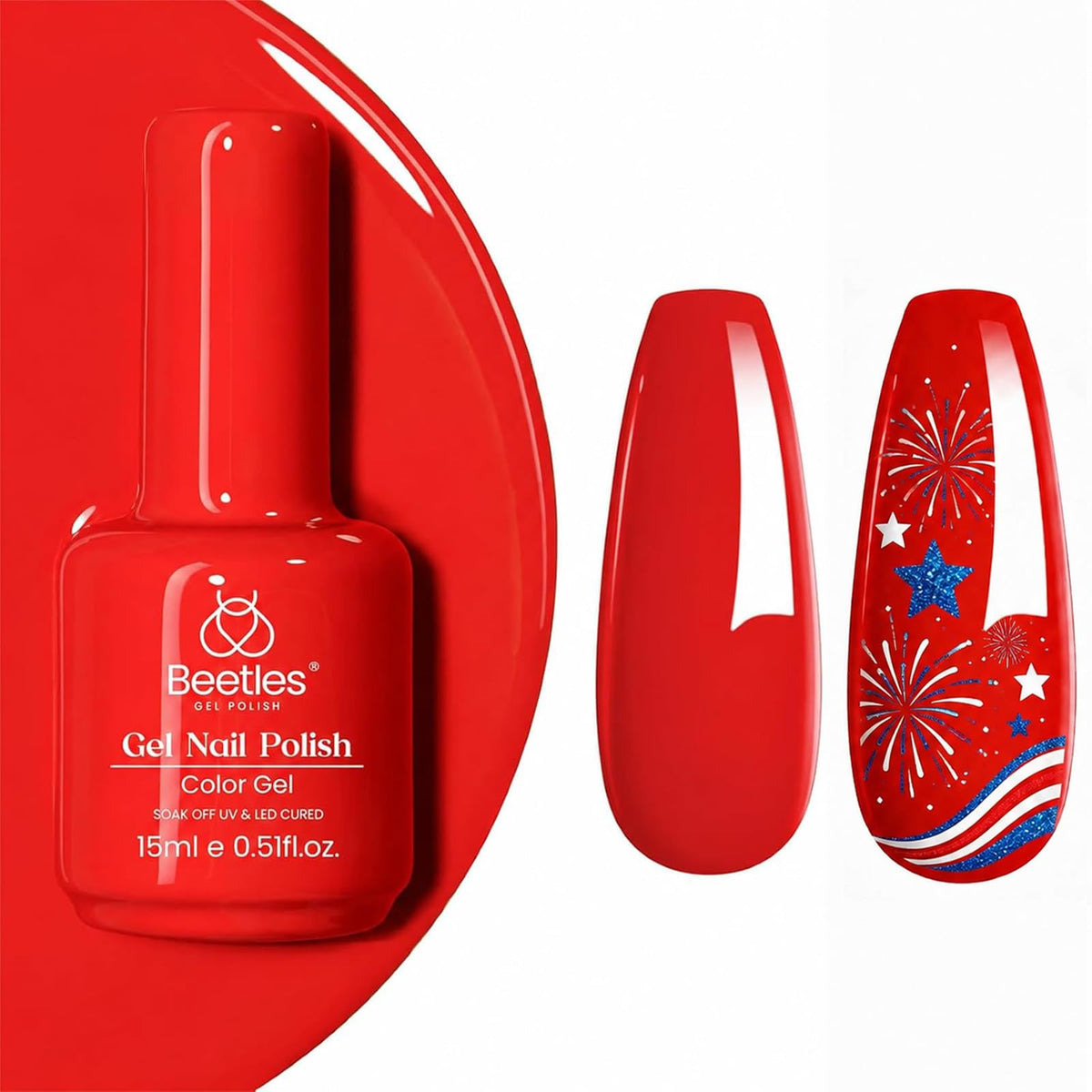 Beetles brand bottle front view showing scarlet red gel polish and neat labeling, vibrant finish