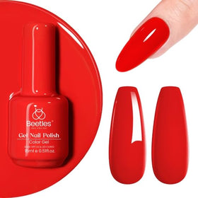 Beetles brand manicure in evening outfit setting showing elegant scarlet nails for events
