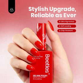 Beetles red gel polish in lifestyle manicure setting showing wearable red for events