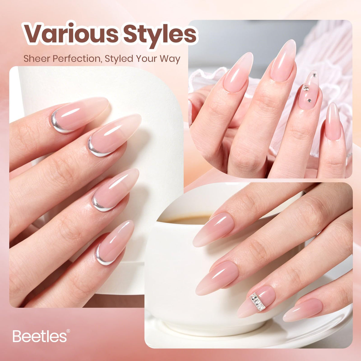 Beetles Rose Milk paired with top coat showing high-gloss, long-lasting shine