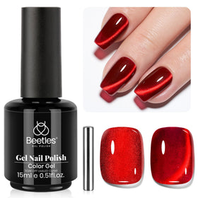beetles bottle front view showing ruby red cat eye polish and compact design benefit