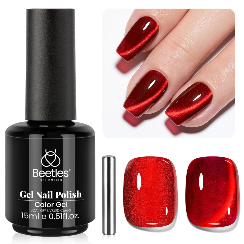 beetles bottle front view showing ruby red cat eye polish and compact design benefit
