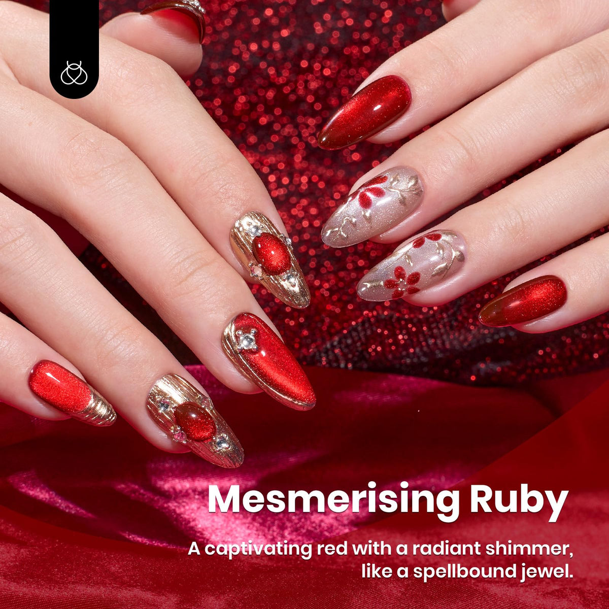 beetles on hands showing finished manicure with high-gloss ruby shimmer for style