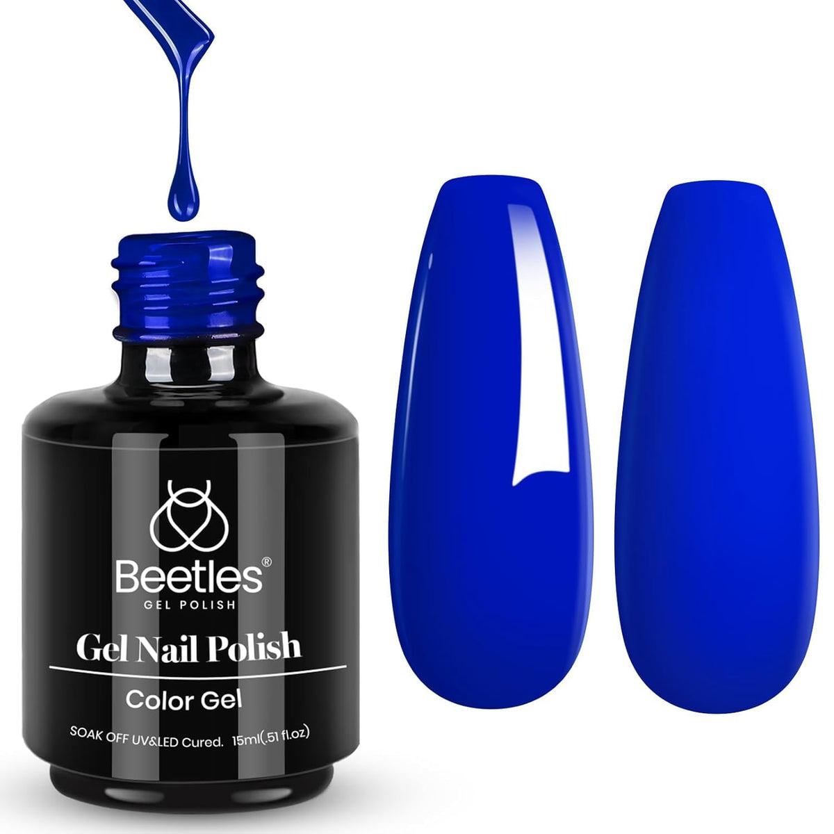 Beetles Sapphire Love front bottle showing royal blue gel polish and 15ml size benefit