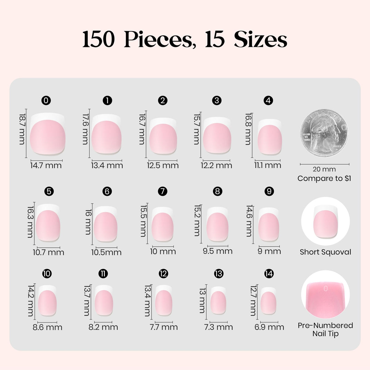 beetles size chart and labeled nails showing 15 sizes for accurate fit
