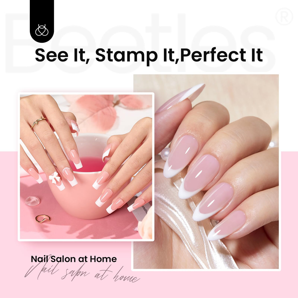 Beetles stamper next to manicure tools to show compact size and portability